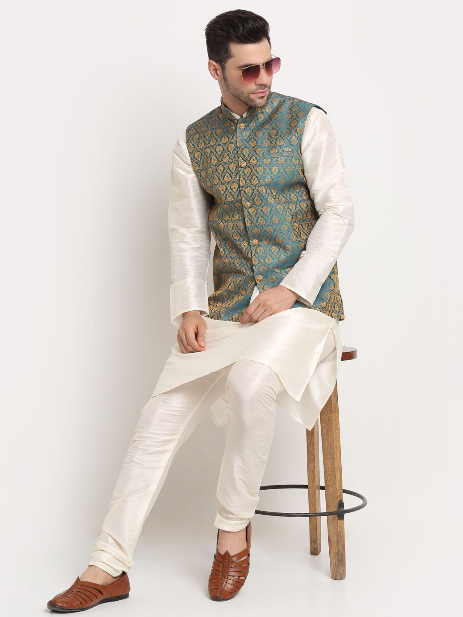 men silk blend cream kurta & churidar with blue jacquard nehru jacket (set of 3)