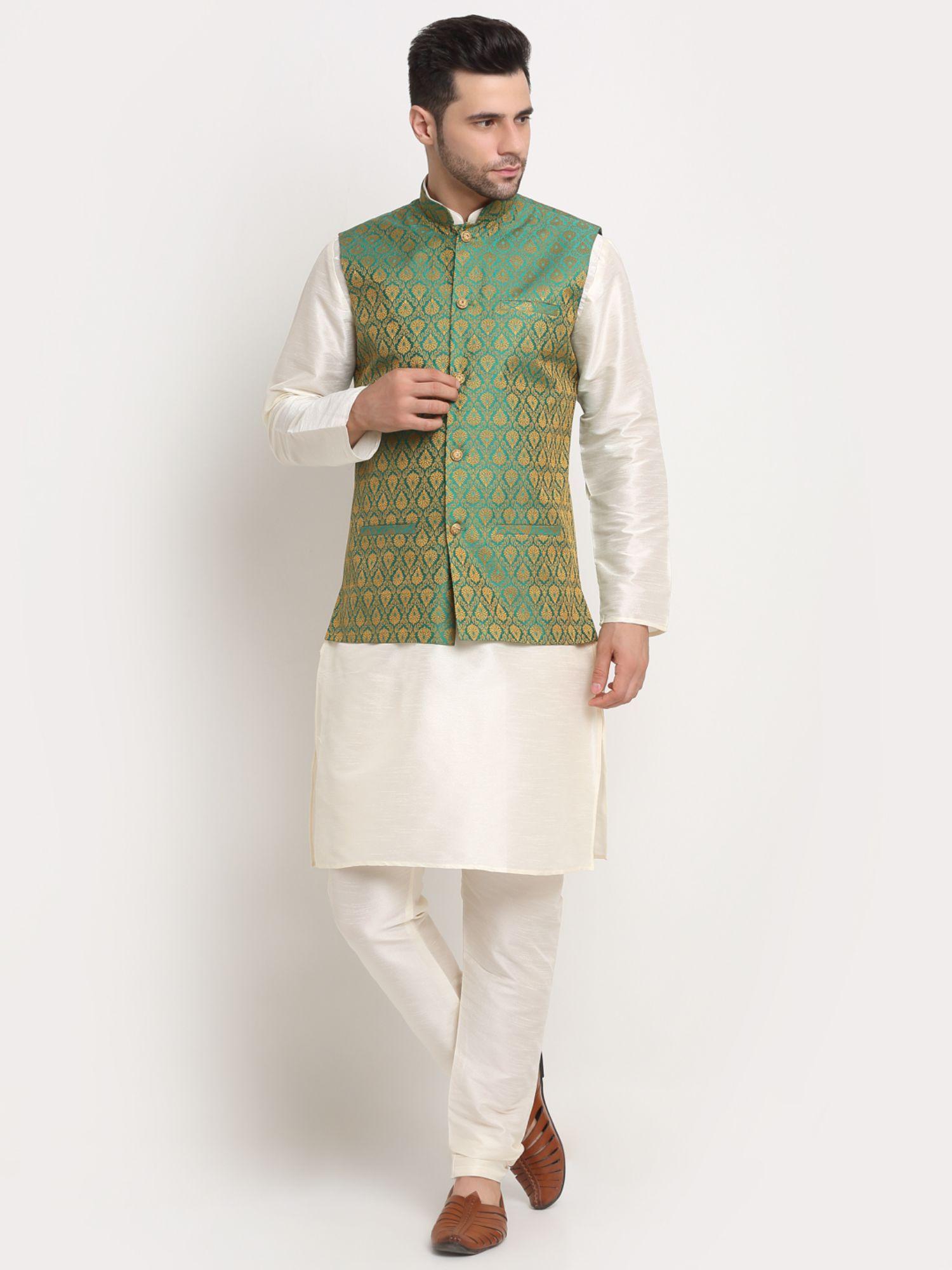 men silk blend cream kurta & churidar with green jacquard nehru jacket (set of 3)