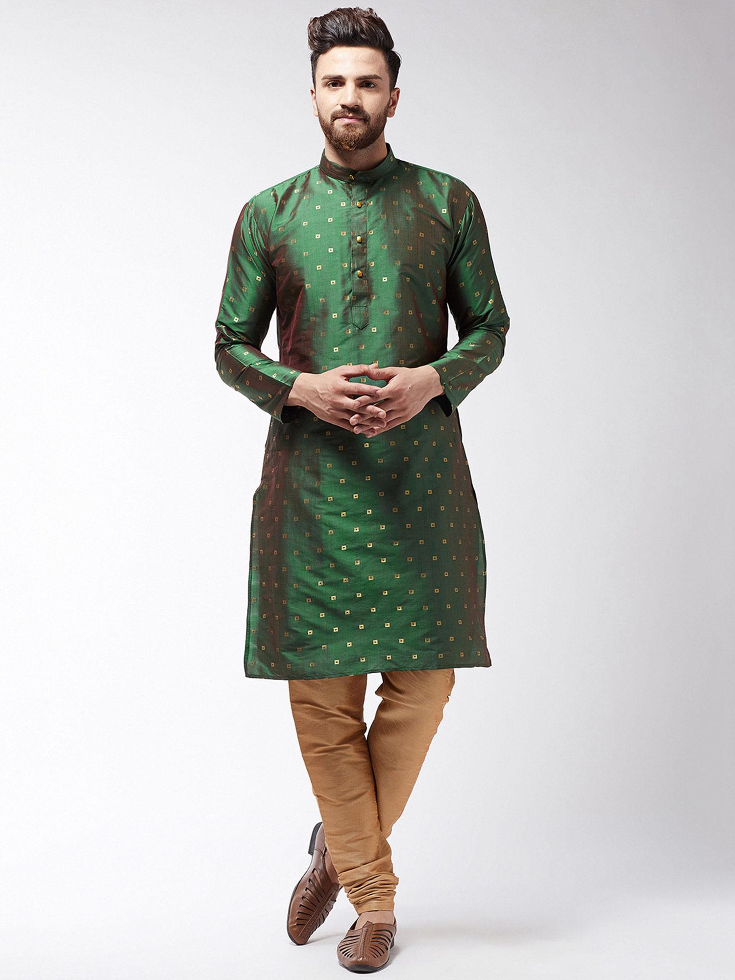 men silk blend dark green kurta & gold churidar pyjama (set of 2)