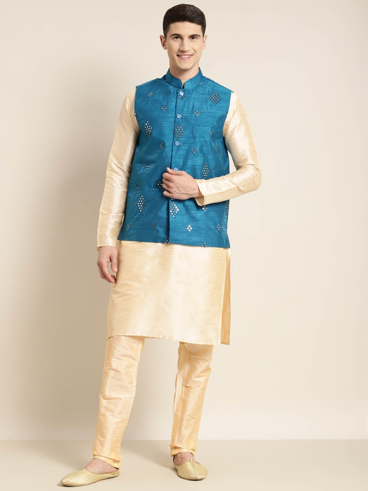 men silk blend gold kurta & churidar pyjama with mirror work nehru jacket (set of 3)