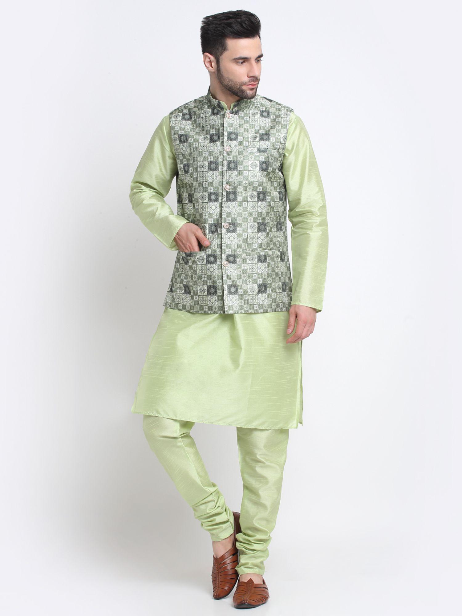 men silk blend green kurta & churidar with printed nehru jacket (set of 3)