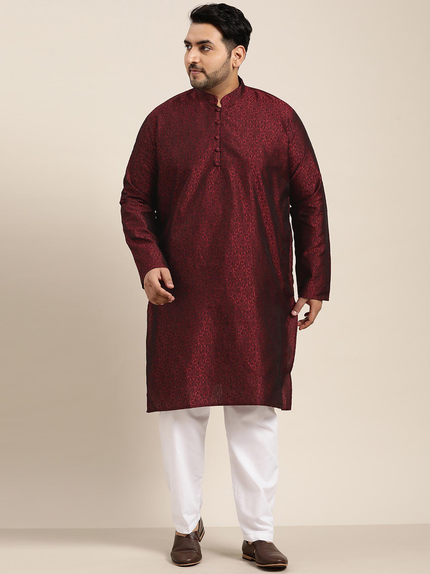 men silk blend maroon kurta and off-white churidaar pyjama (set of 2)