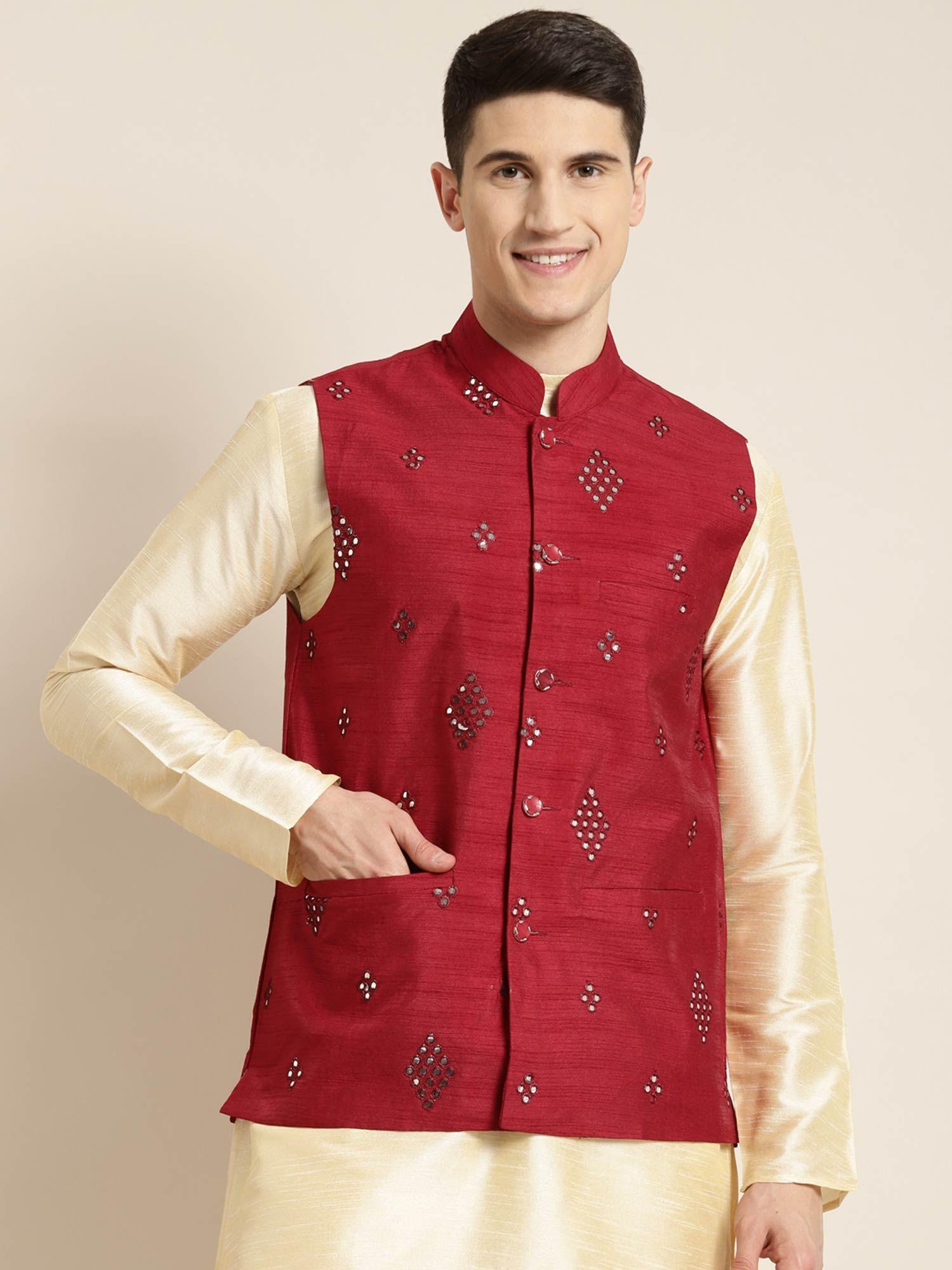 men silk blend maroon mirror work nehru jacket