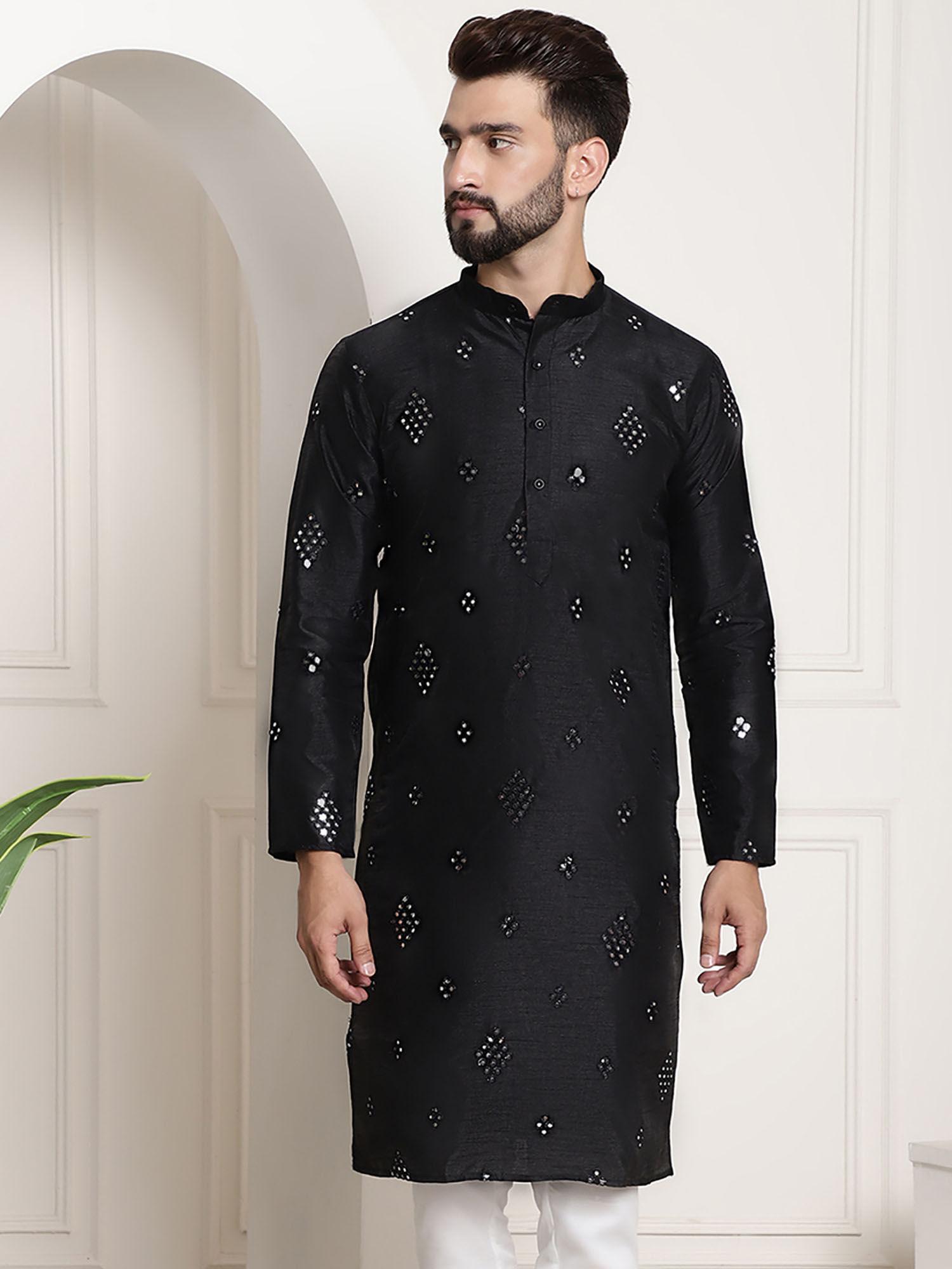 men silk blend mirror work black long kurta