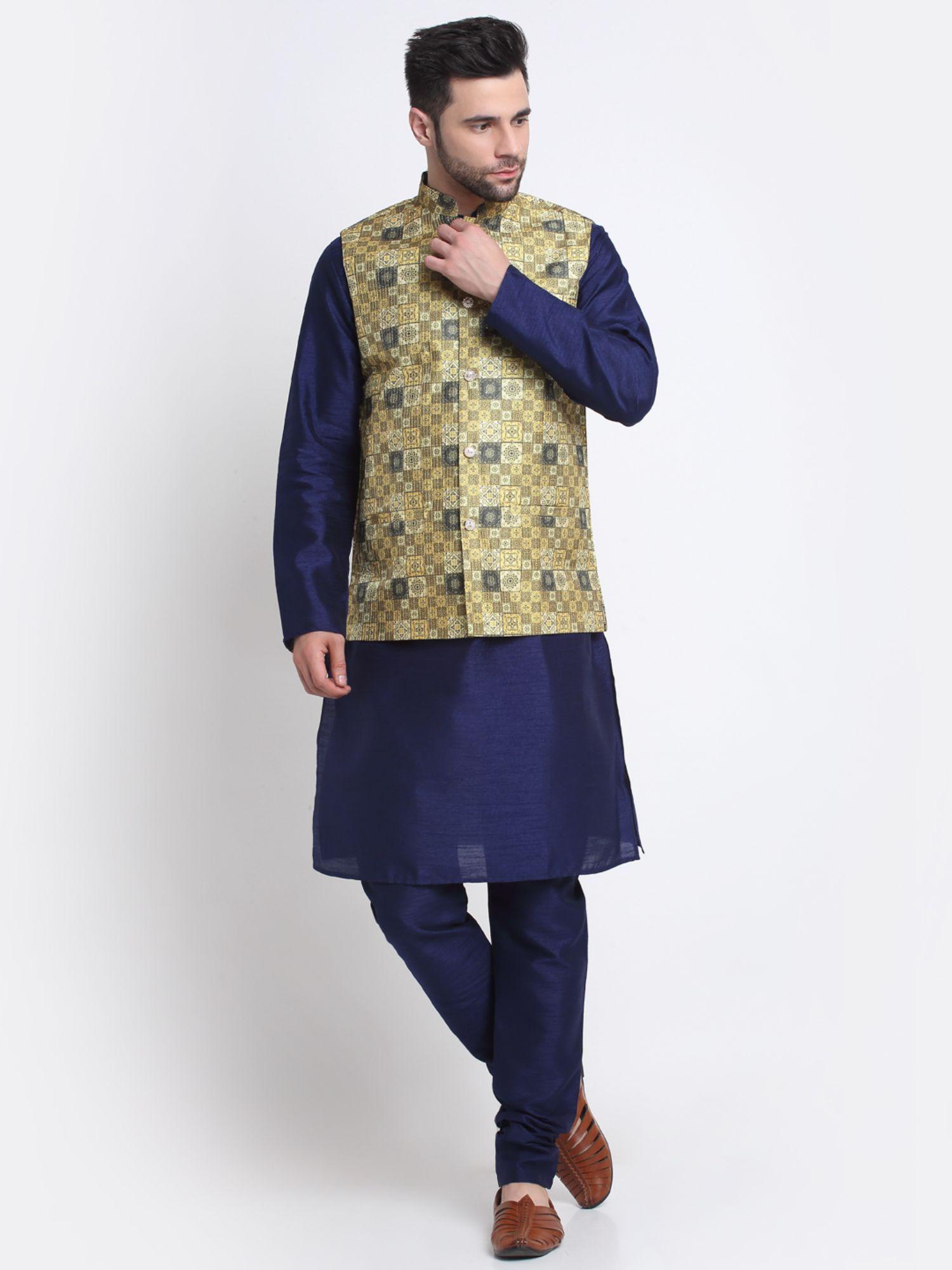 men silk blend navy blue kurta churidar with yellow printed nehru jacket (set of 3)