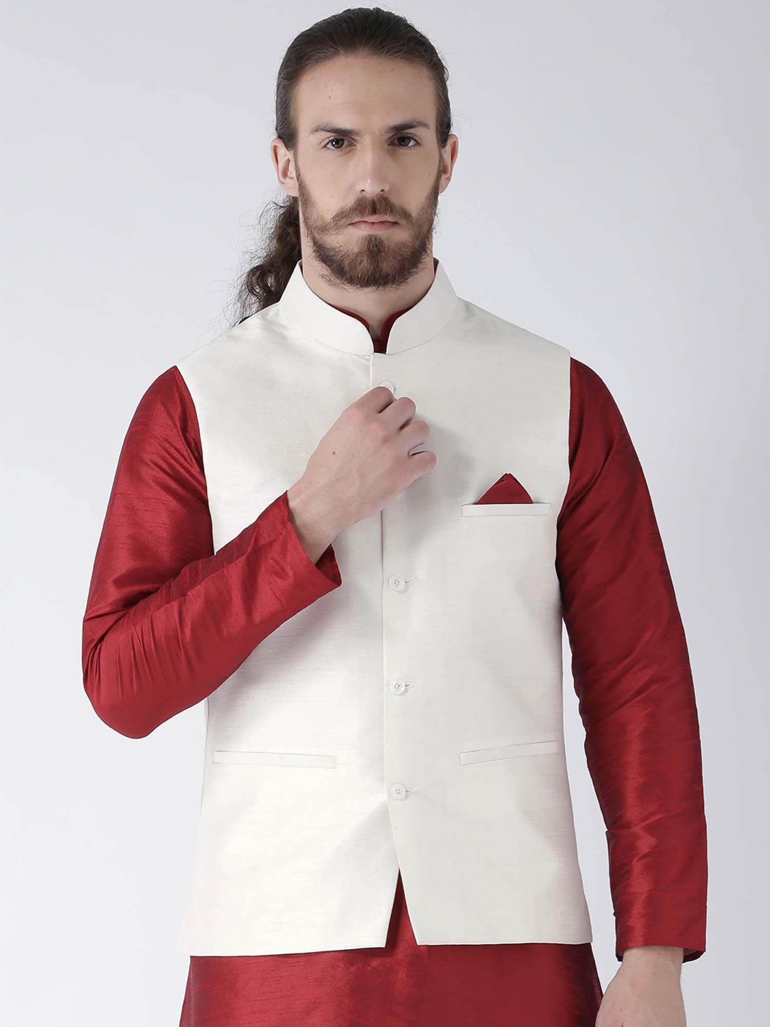 men silk blend off white solid nehru jacket