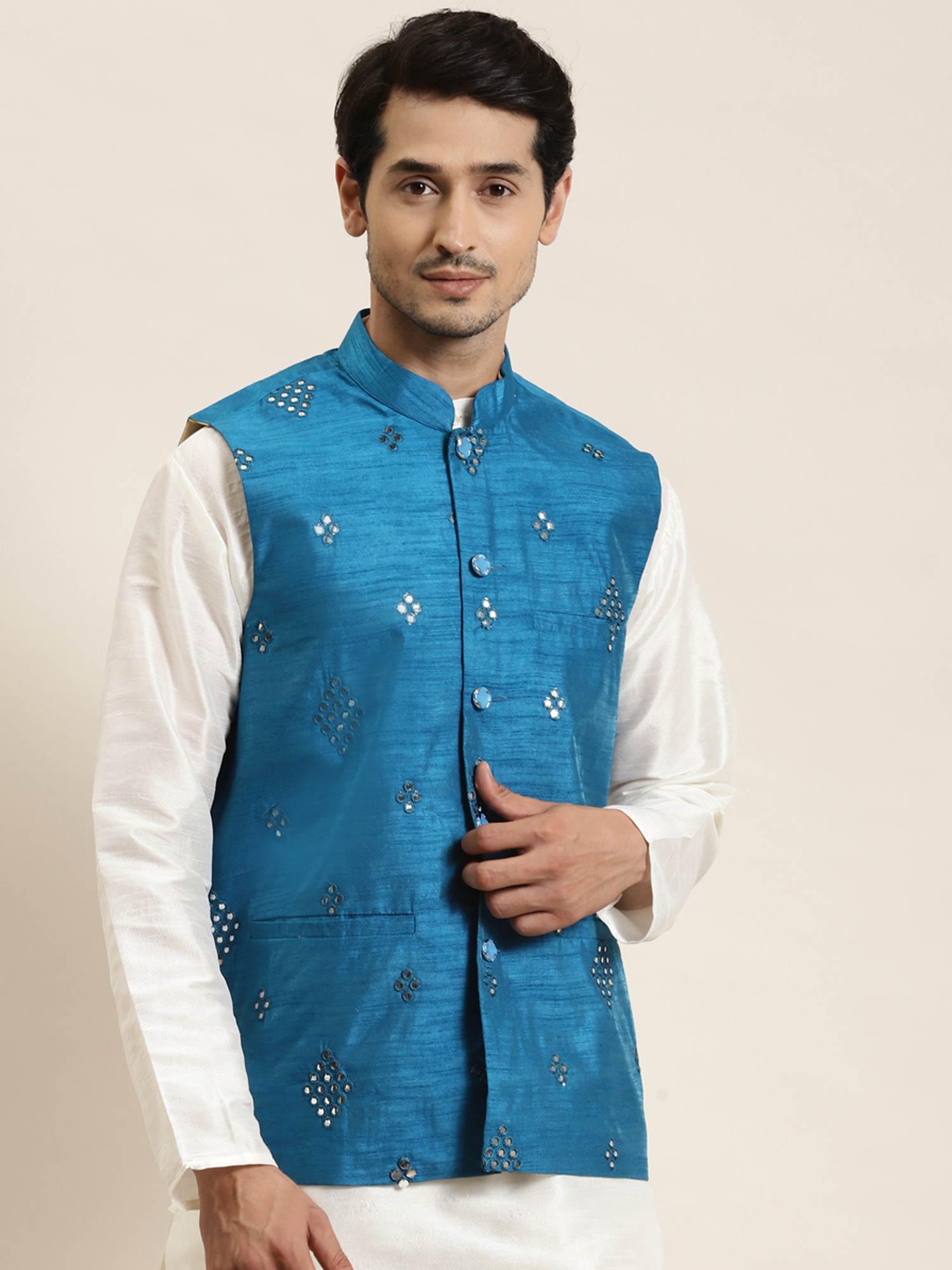 men silk blend peacock blue mirror work nehru jacket