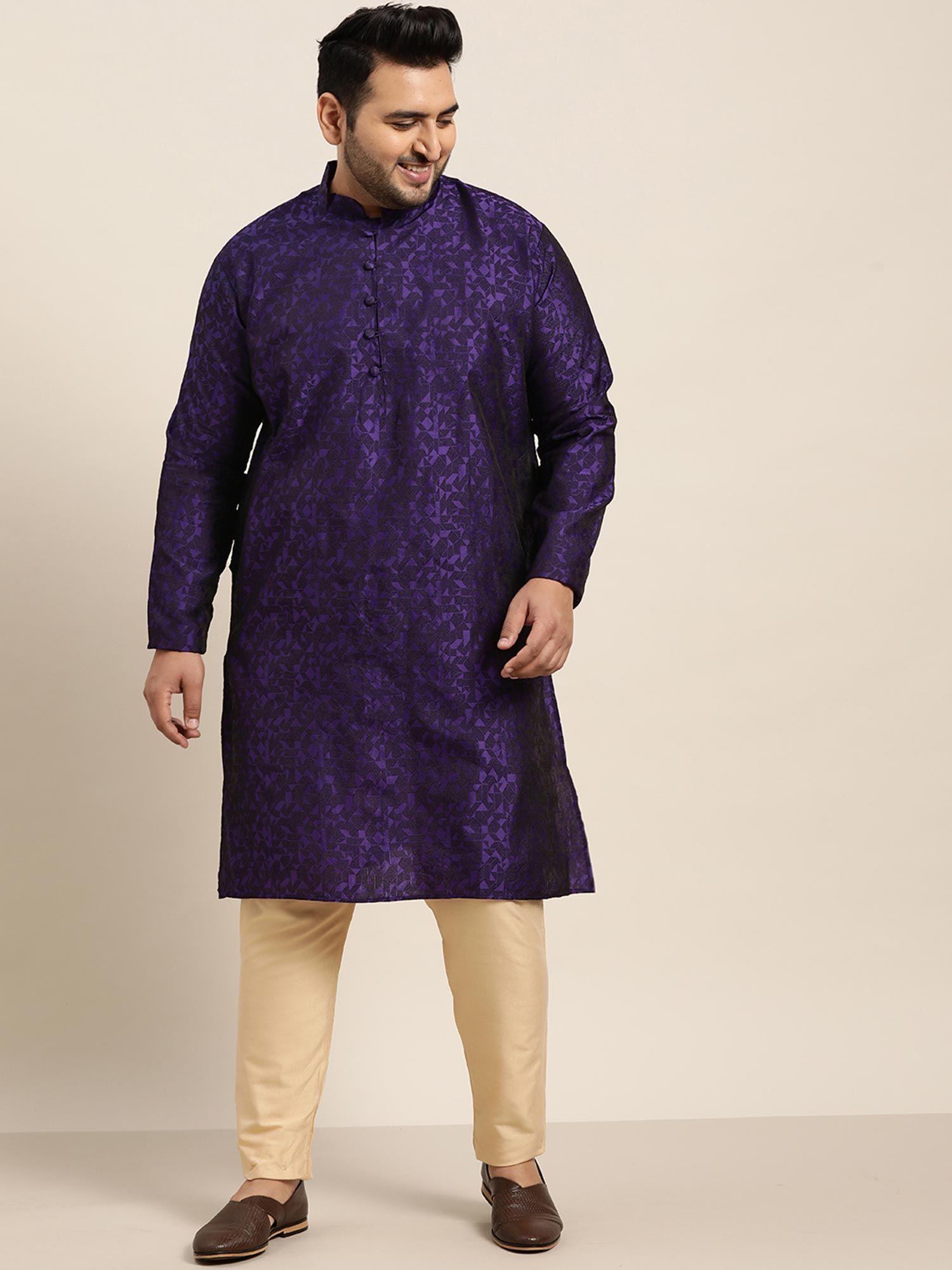 men silk blend purple self design only long kurta