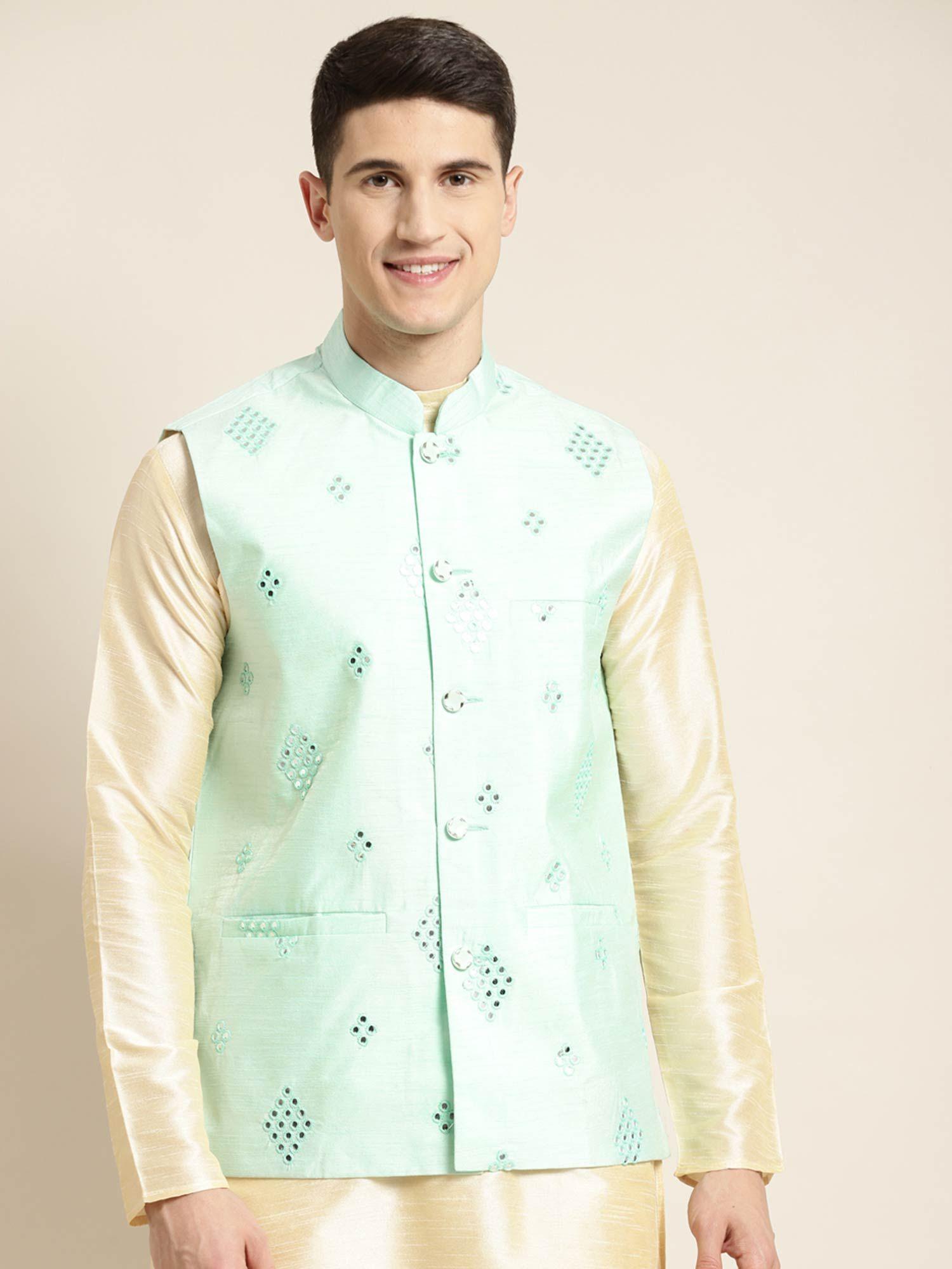 men silk blend sea green mirror work nehru jacket