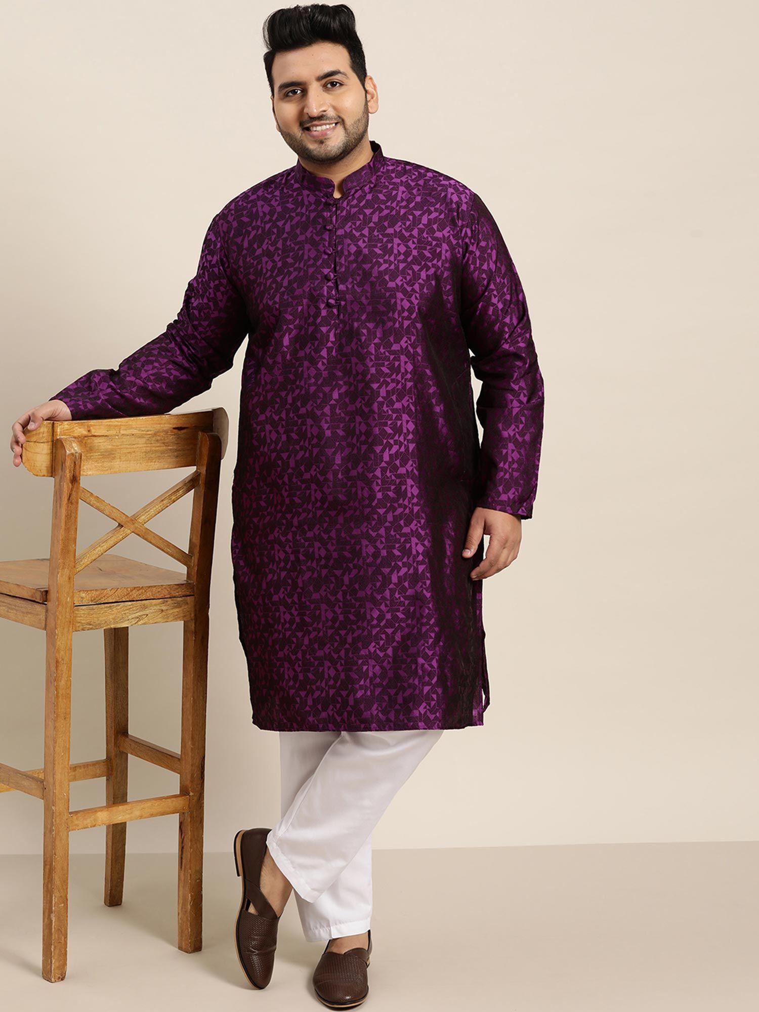 men silk blend violet kurta and off-white churidar pyjama (set of 2)