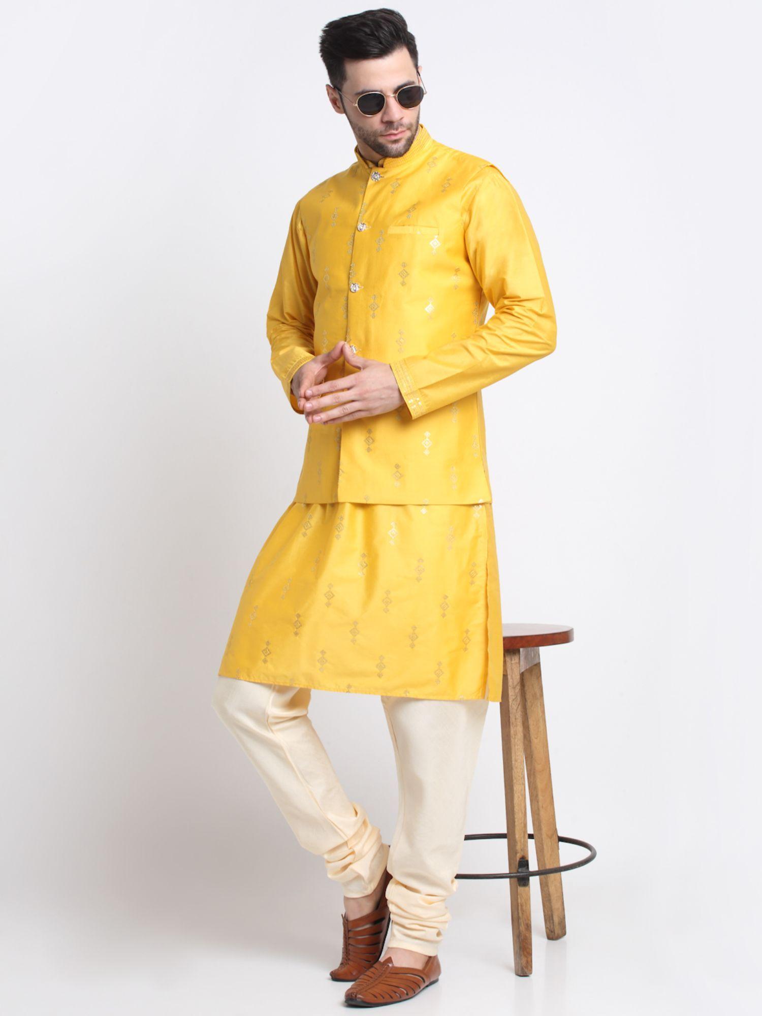 men silk blend yellow embroidered kurta & churidar with nehru jacket (set of 3)