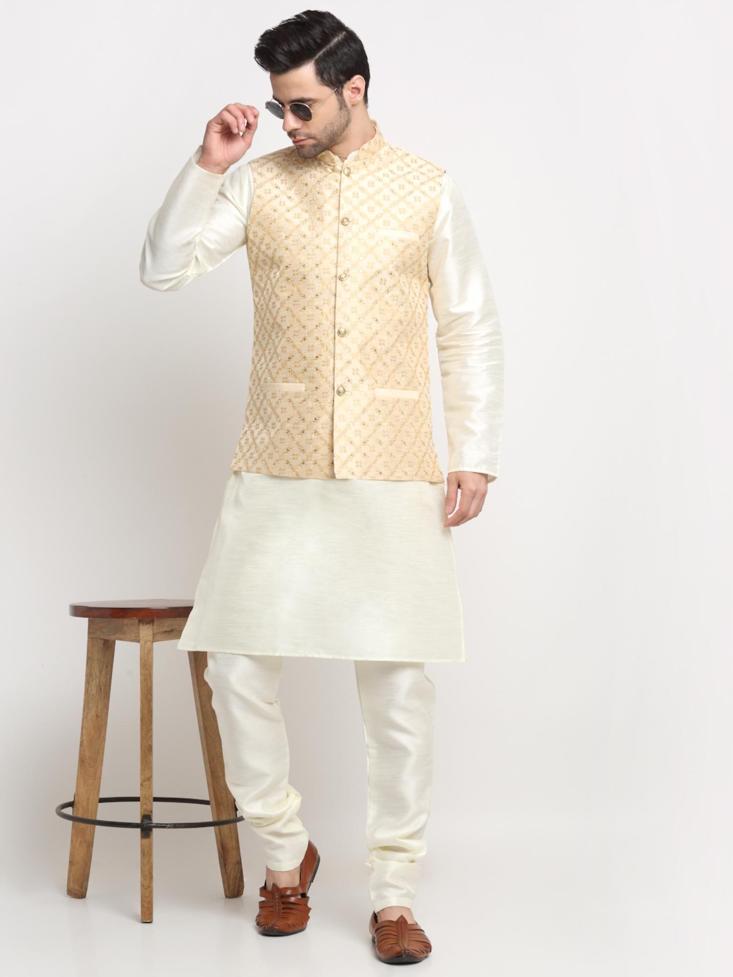 men silk cream kurta and churidar with beige embroidered nehru jacket (set of 3)