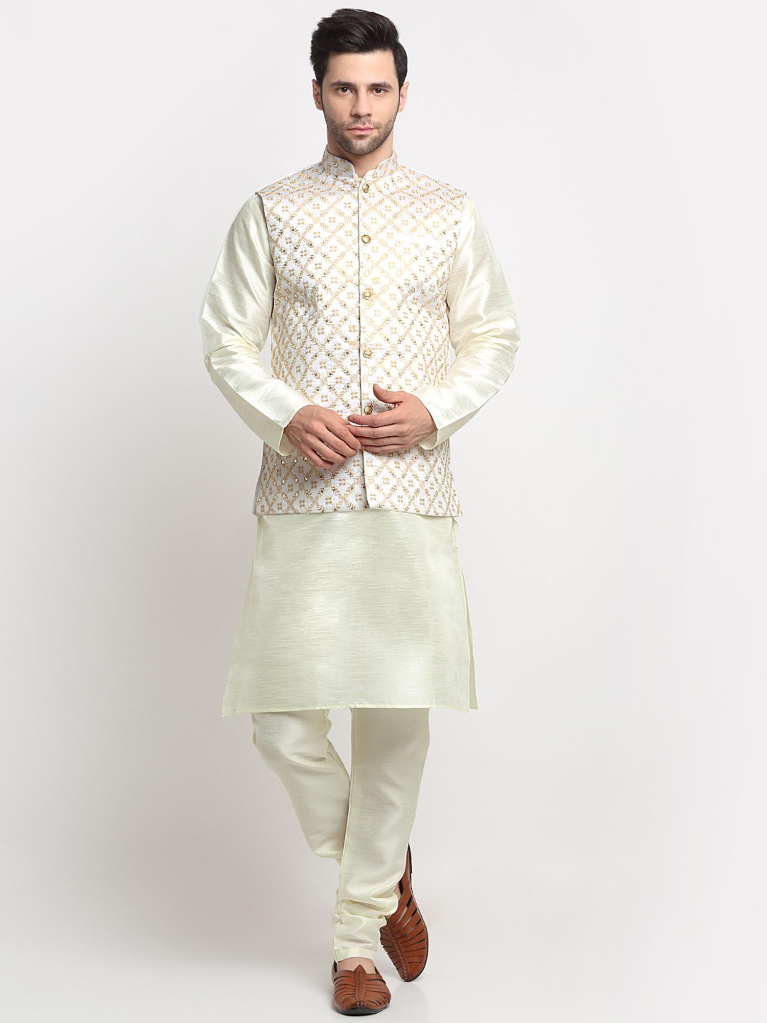 men silk cream kurta and churidar with cream embroidered nehru jacket (set of 3)