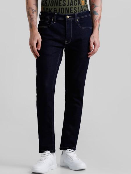 men skinny mid rise dark blue jeans