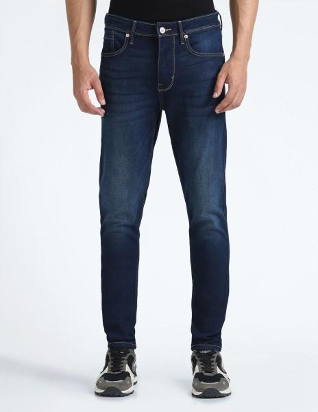 men skinny mid rise dark blue jeans