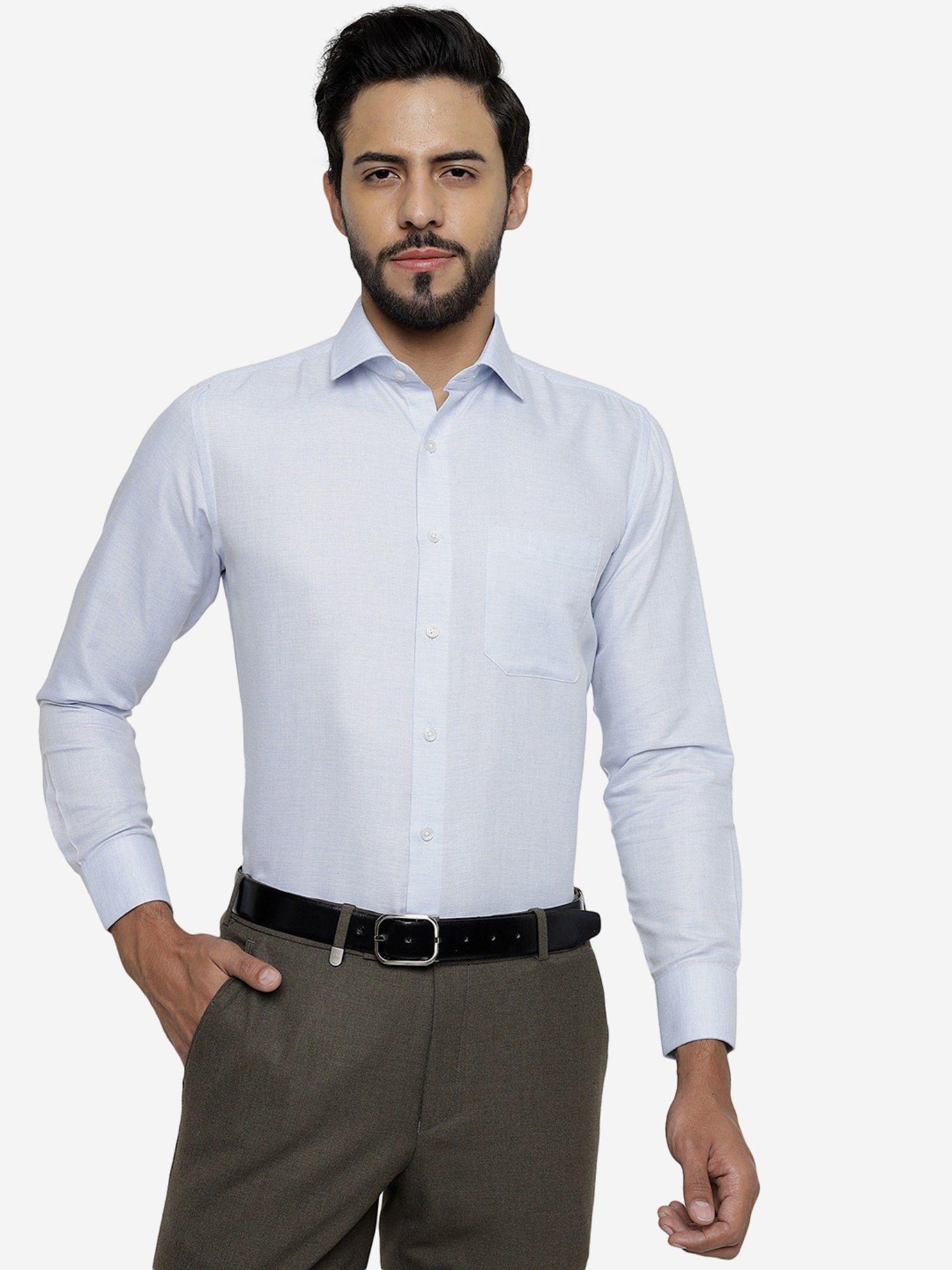 men sky blue blended slim fit solid formal shirt