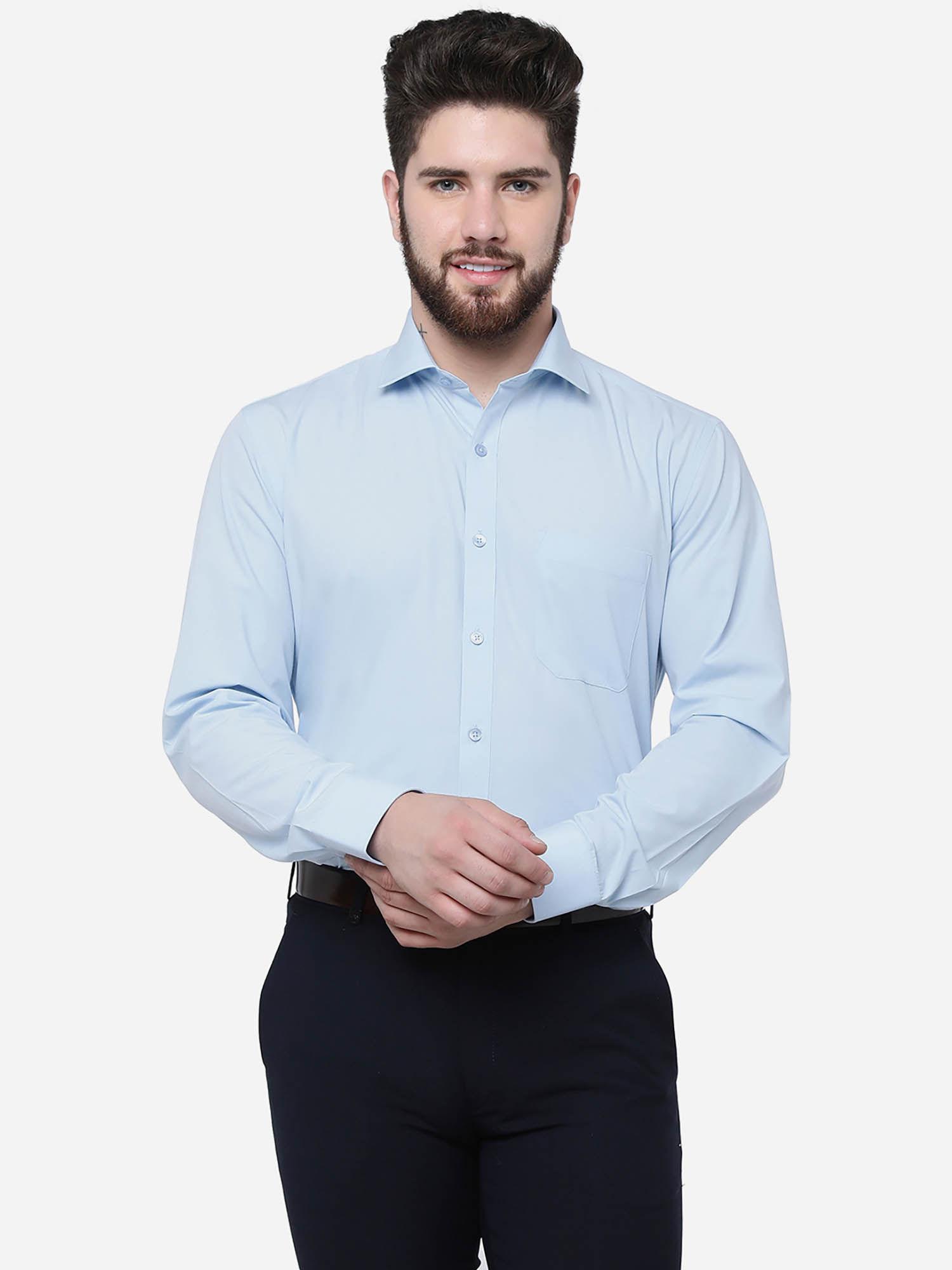 men sky blue cotton blend regular fit solid formal shirt