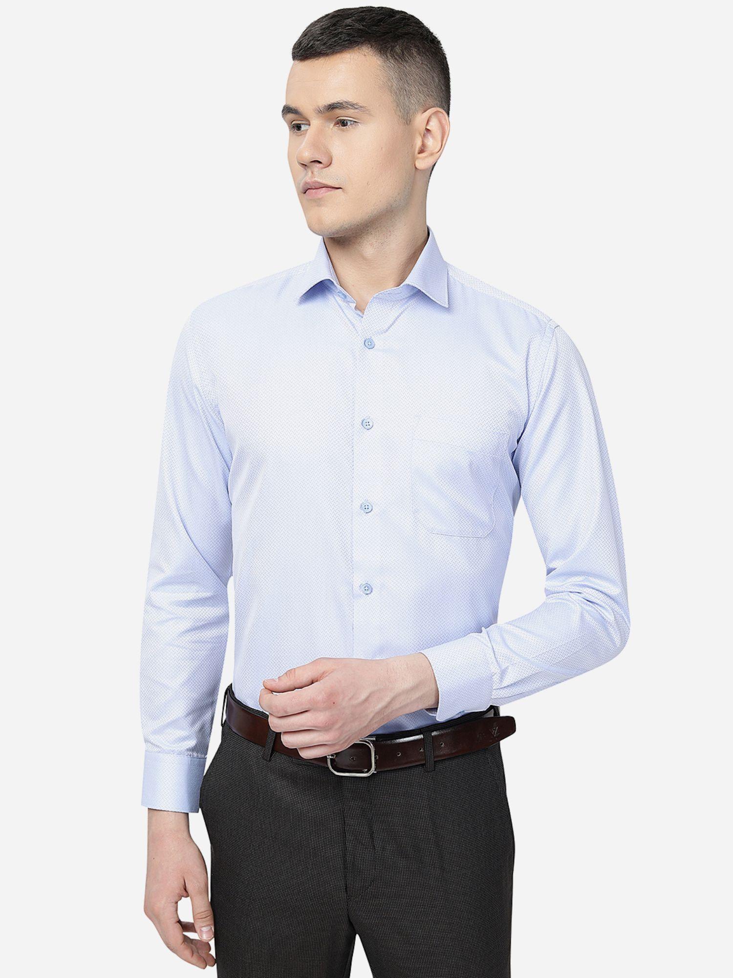 men sky blue cotton blend slim fit printed formal shirt