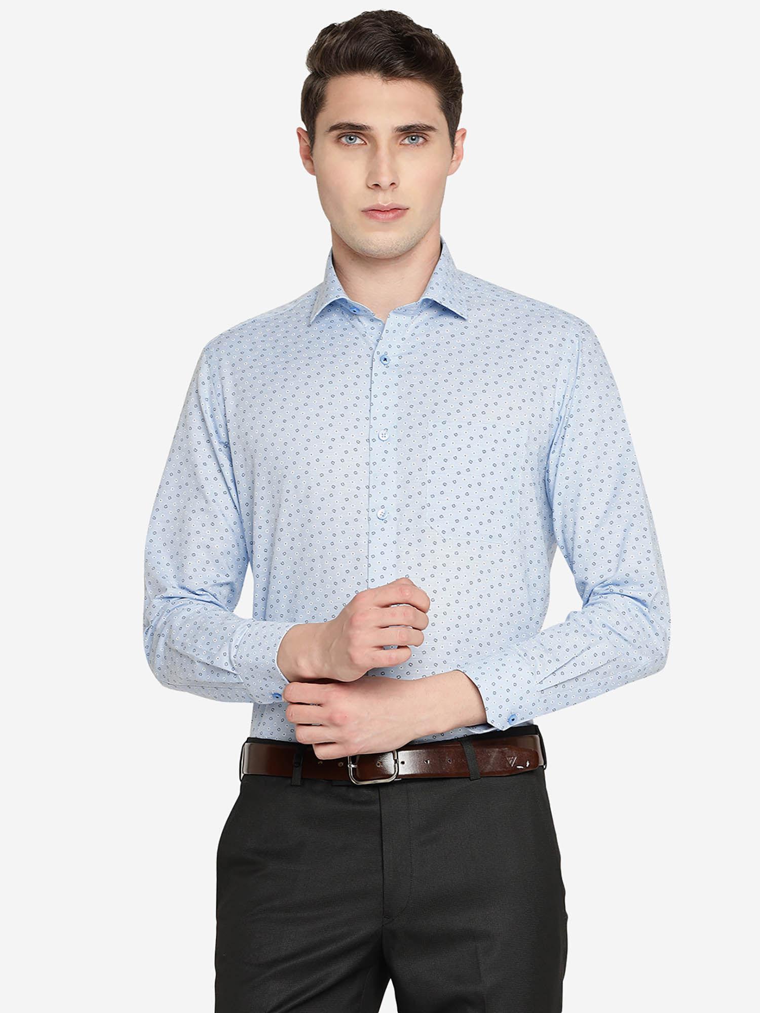 men sky blue cotton blend slim fit printed formal shirt
