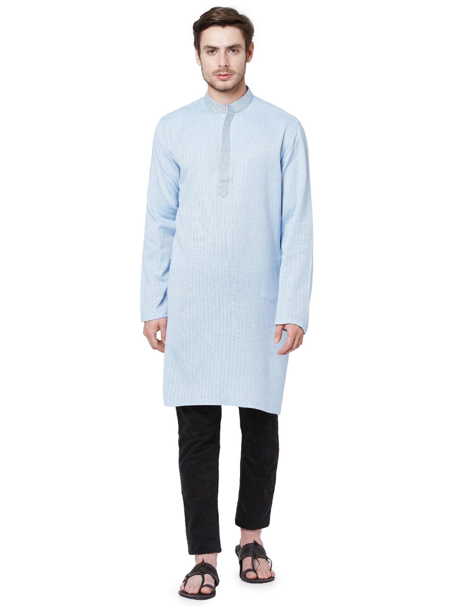 men sky blue cotton embroidered knee length kurta