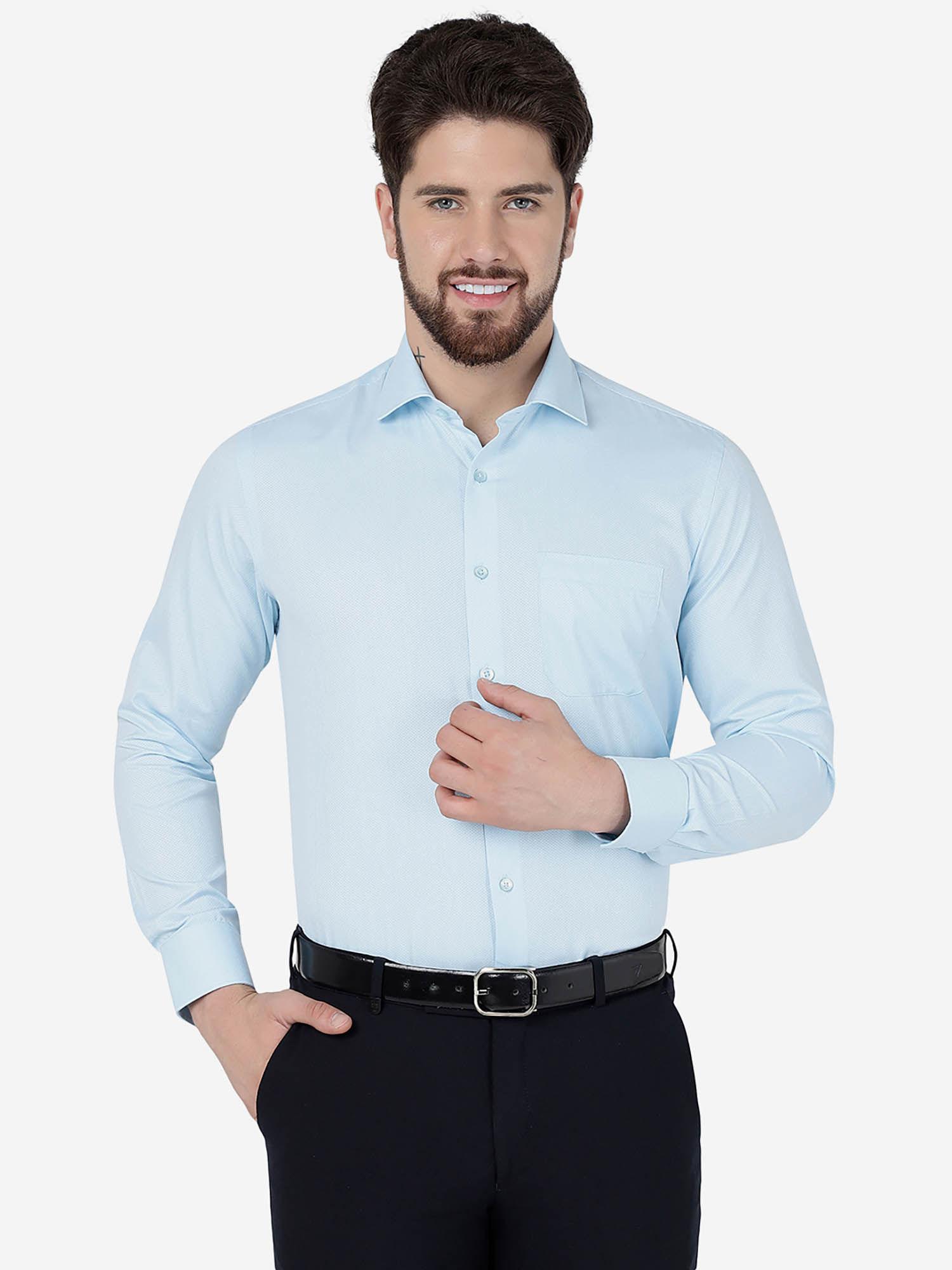 men sky blue poly viscose slim fit solid formal shirt