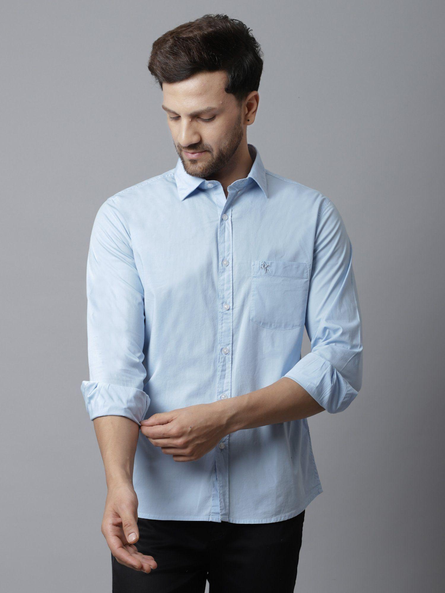 men sky blue shirt