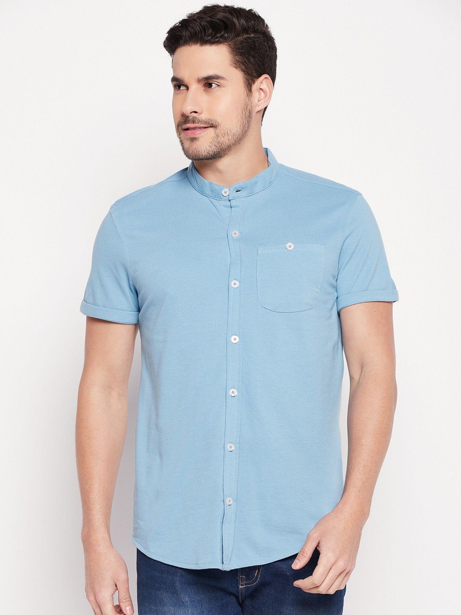 men sky blue solid mandarin neck shirt