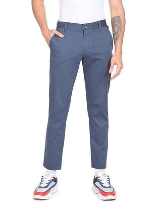 men slate blue super slim fit solid casual trousers