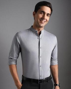 men slim fit band collar shirt