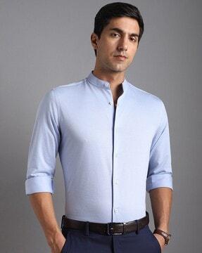 men slim fit band collar shirt