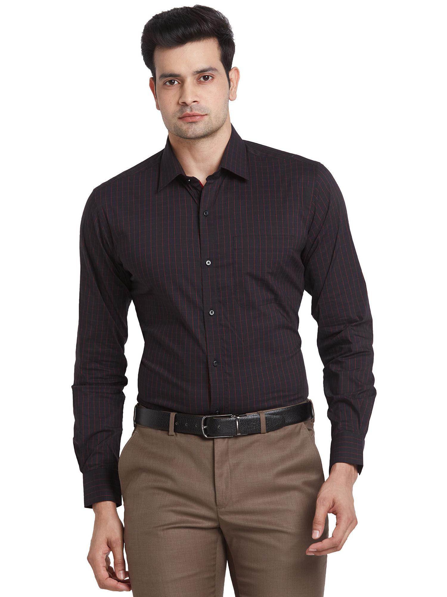 men slim fit blended fabric checks black formal shirt