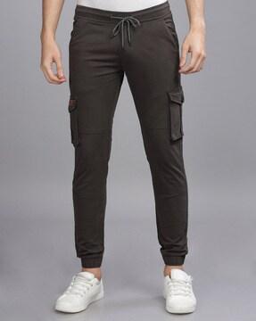 men slim fit cargo pants with elasticated drawstring waist