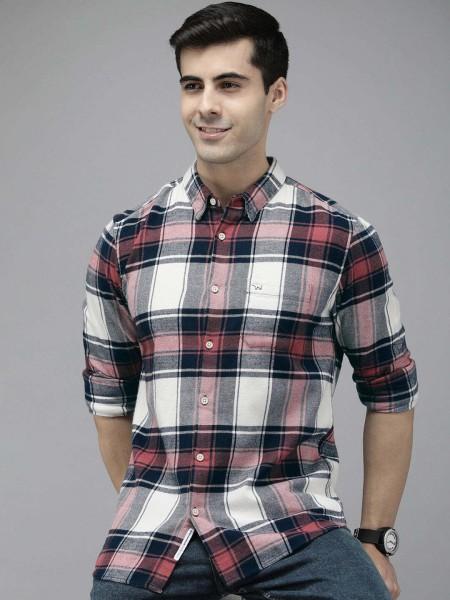 men slim fit checkered button down collar casual shirt