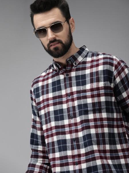 men slim fit checkered button down collar casual shirt