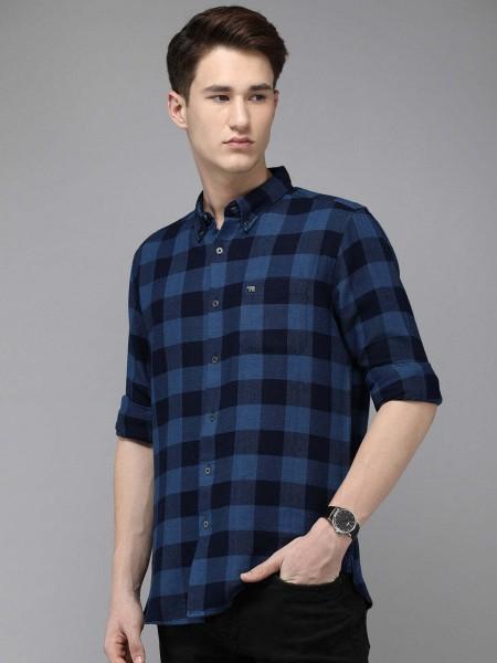 men slim fit checkered button down collar casual shirt