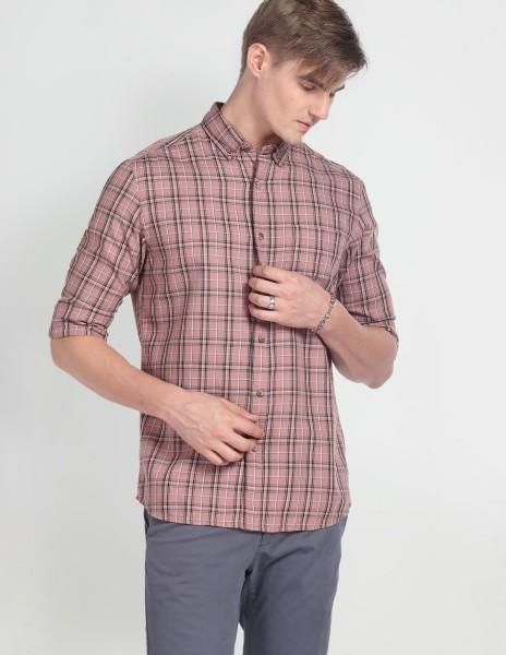 men slim fit checkered button down collar casual shirt