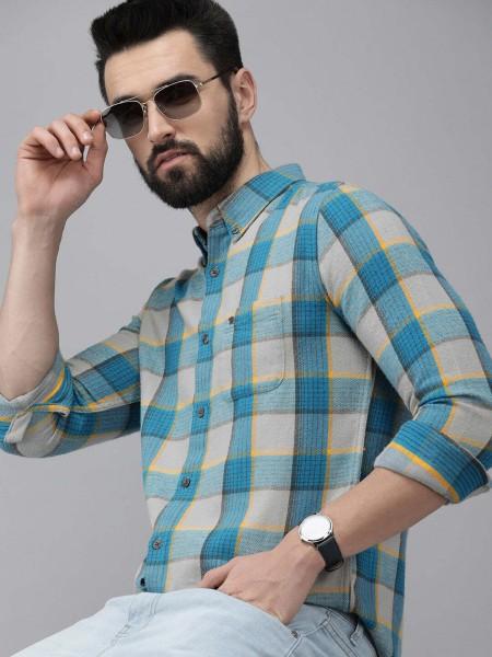 men slim fit checkered button down collar casual shirt