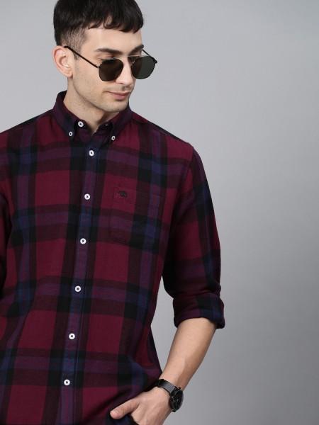 men slim fit checkered cut away collar casual shirt