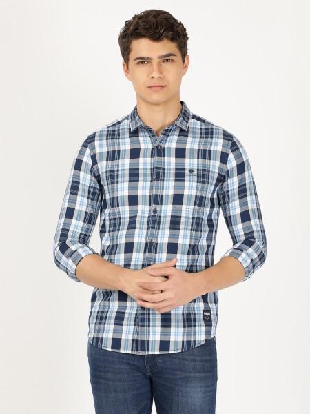 men slim fit checkered cut away collar casual shirt