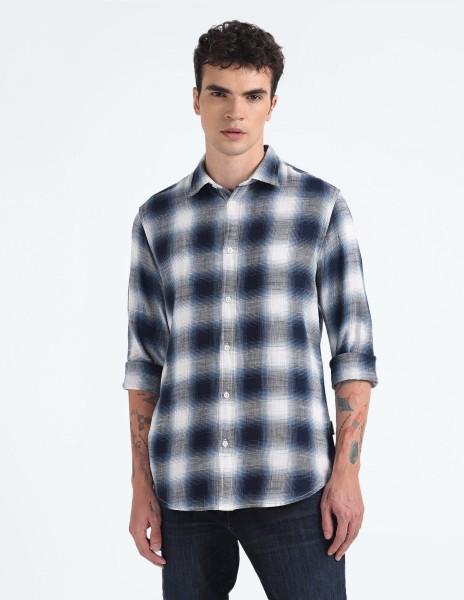 men slim fit checkered ribbed collar casual shirt