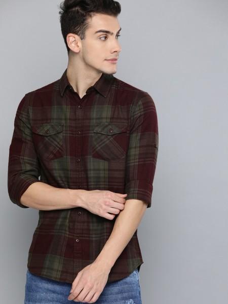 men slim fit checkered spread collar casual shirt