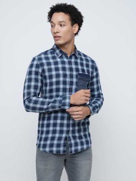 men slim fit checkered spread collar casual shirt