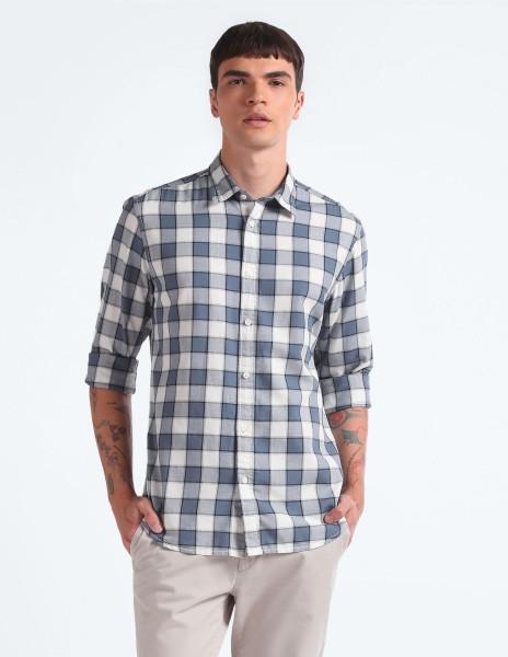 men slim fit checkered spread collar casual shirt