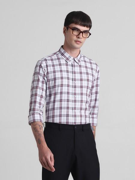 men slim fit checkered spread collar casual shirt