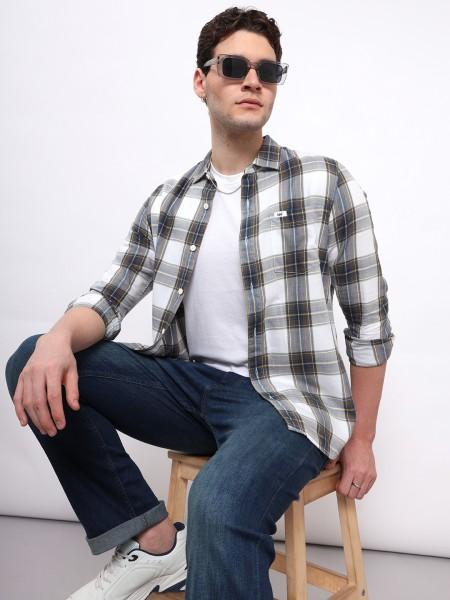 men slim fit checkered spread collar casual shirt