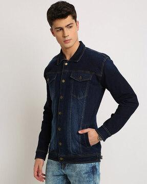 men slim fit denim jacket with flap-buttoned pockets