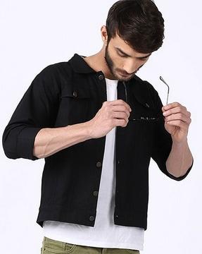 men slim fit denim jacket with flap-buttoned pockets