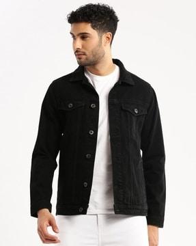 men slim fit denim jacket with flap pockets