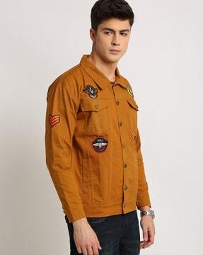 men slim-fit denim jacket with patch-work