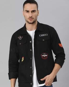 men slim-fit denim jacket with patch-work